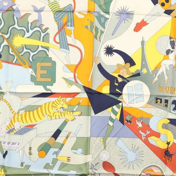 HERMES Carre 90 Scarf ""CA DECOIFFE!"" Silk Beige Auth 137450M - Picture 6 of 13